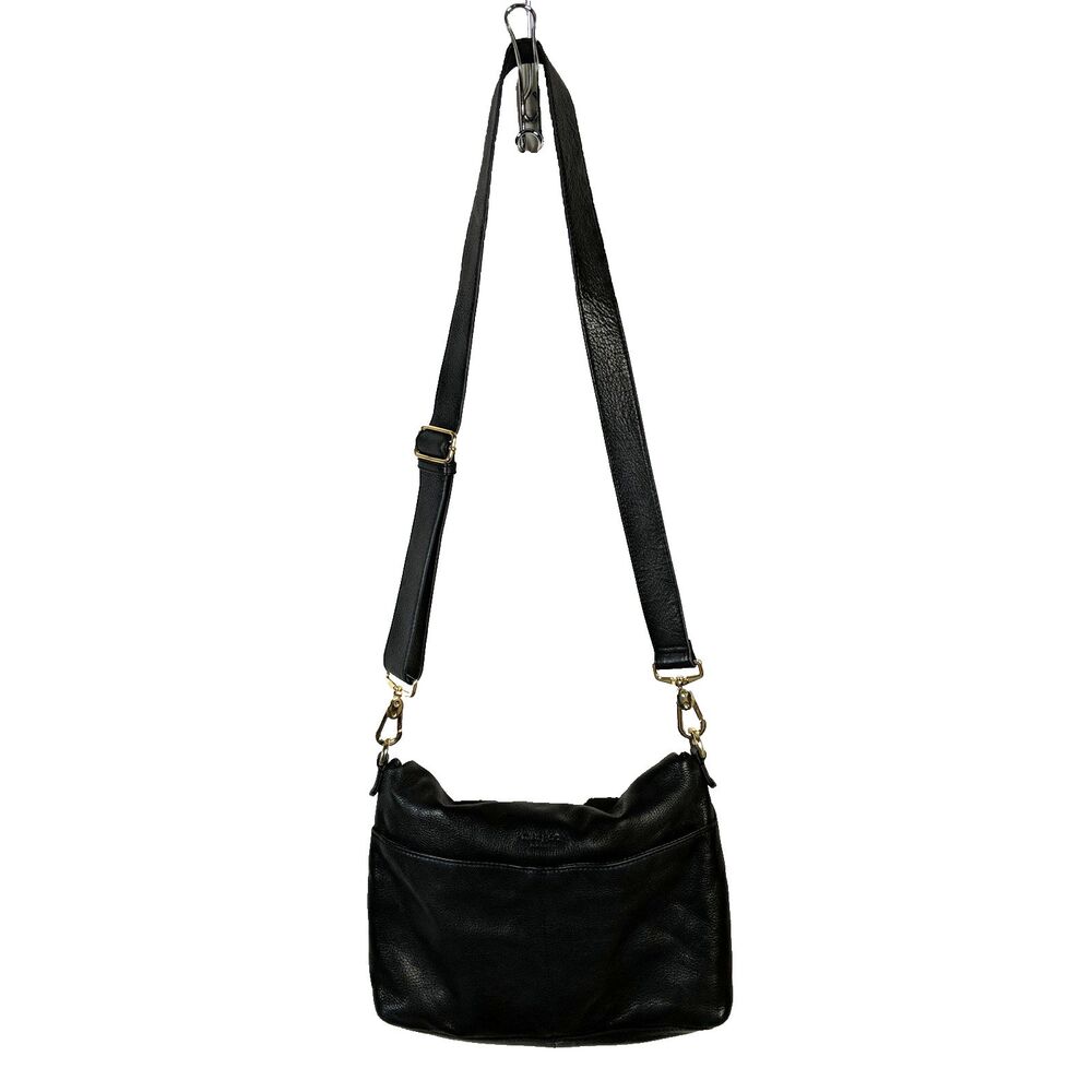 Margot New York Double Zip Black Pebbled Leather Crossbody Bag Fold Over Flap